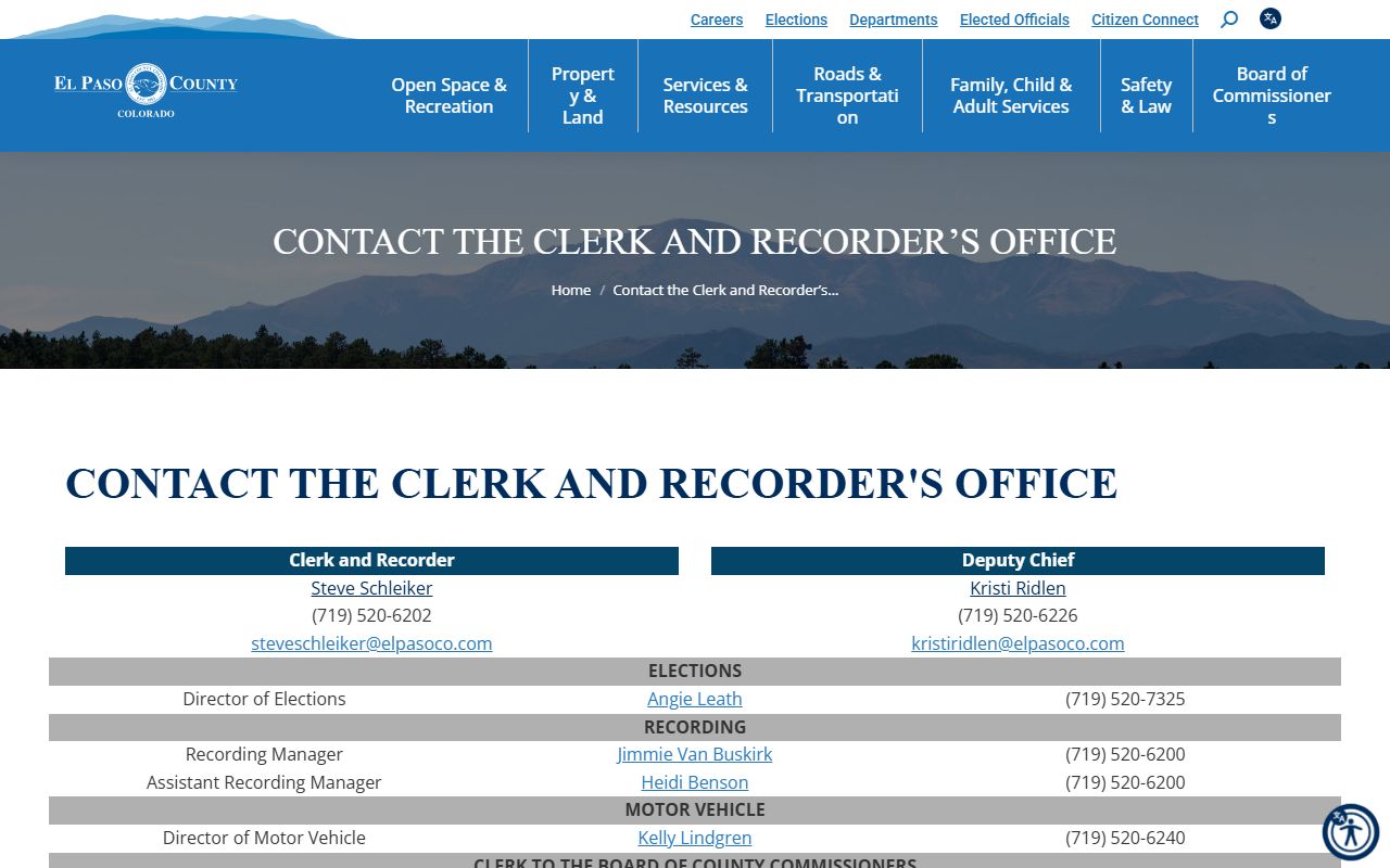 El Paso County public records Clerk and Recorder contact page screenshot