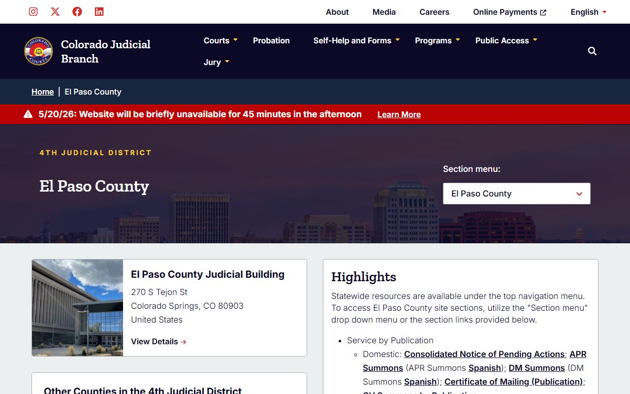 El Paso County court records landing page on the Colorado Judicial Branch site