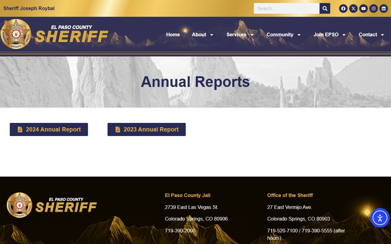 El Paso County Sheriff annual report index showing jail population data