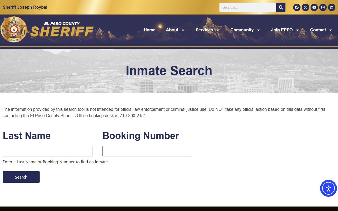 El Paso County inmate records search form on the EPSO public roster