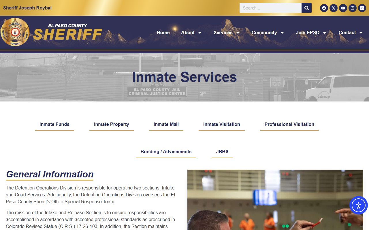 El Paso County inmate records services page with mail funds and visit rules