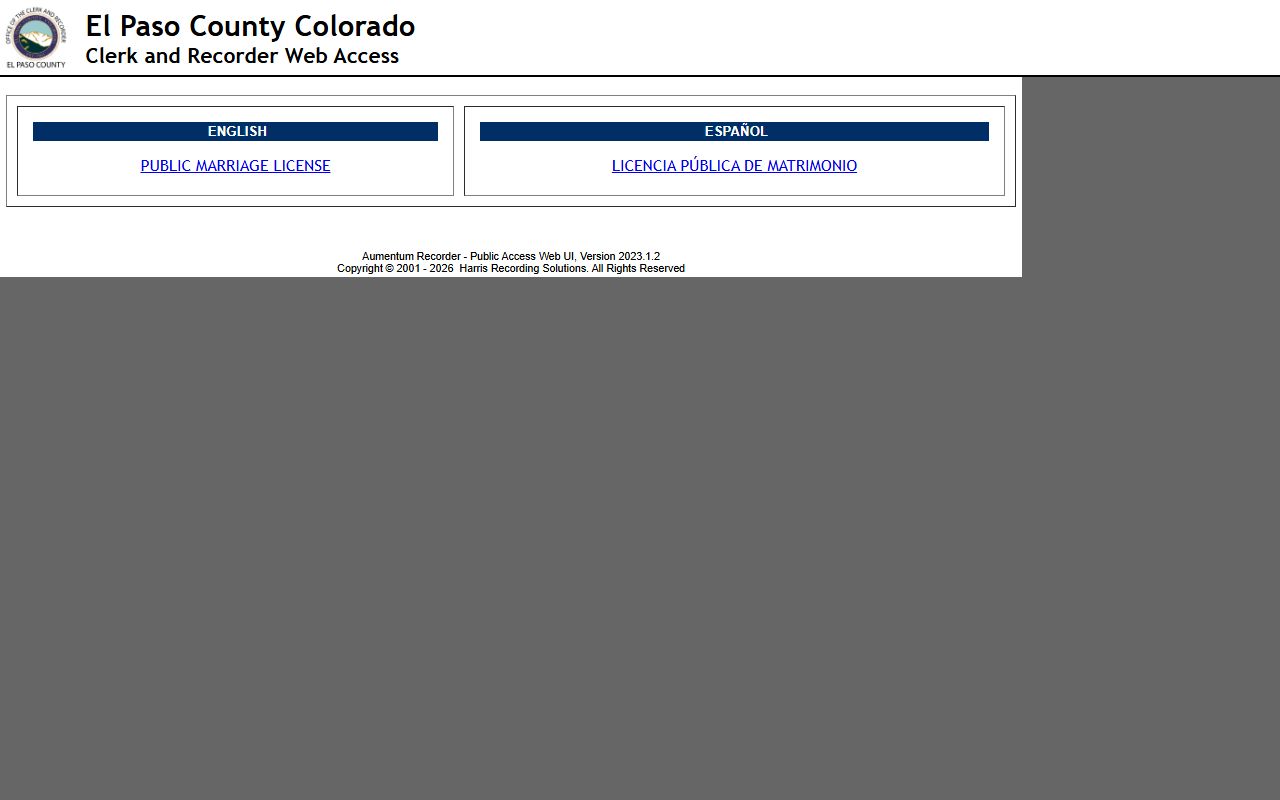 El Paso County online marriage license application portal screen for marriage records