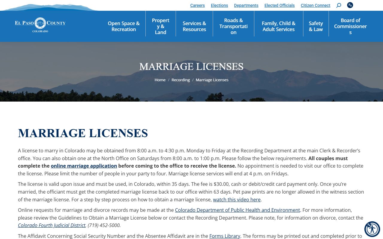 El Paso County marriage license requirements page for marriage records