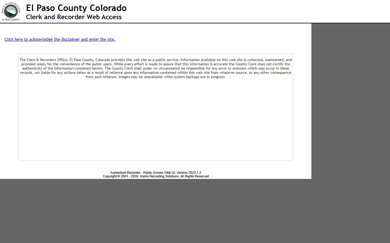 El Paso County public records search Aumentum Recorder portal screenshot