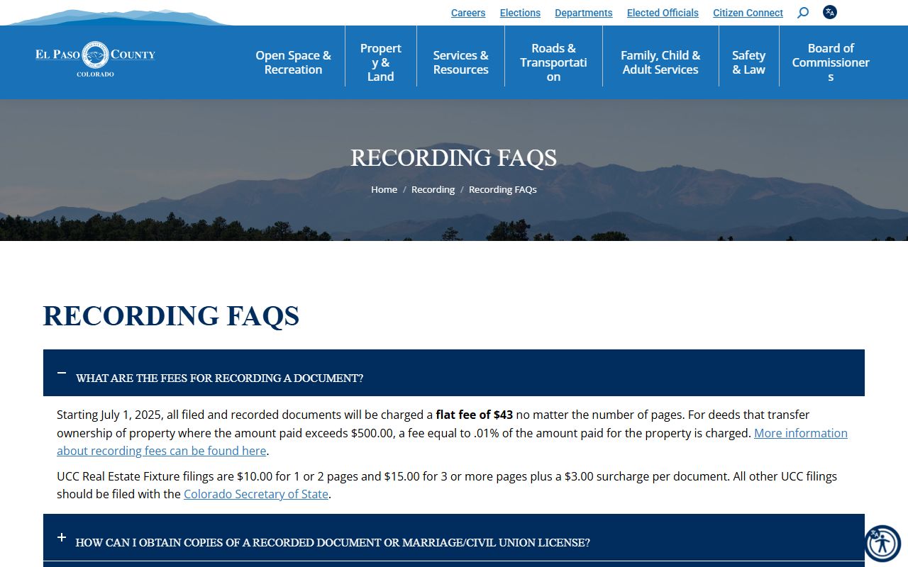 El Paso County Recording FAQ page for marriage and civil union records