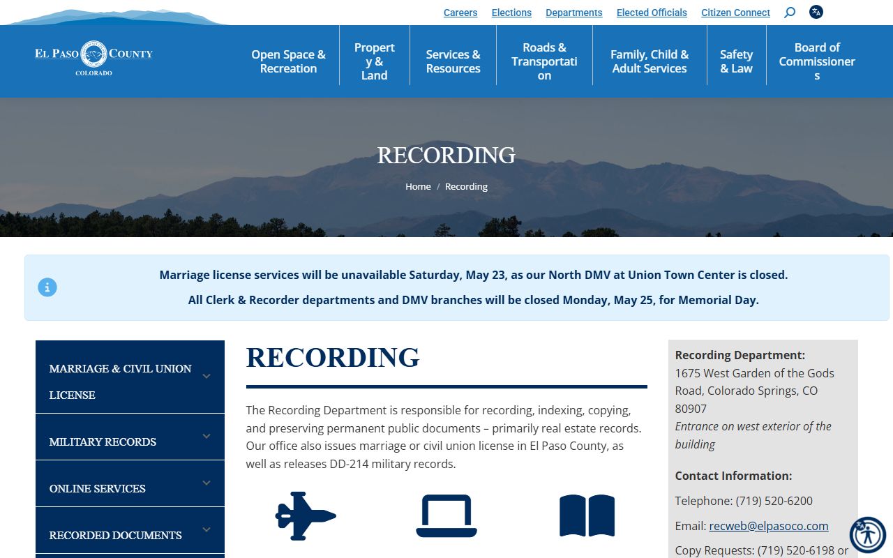 El Paso County Recording Department page hosting marriage records search links