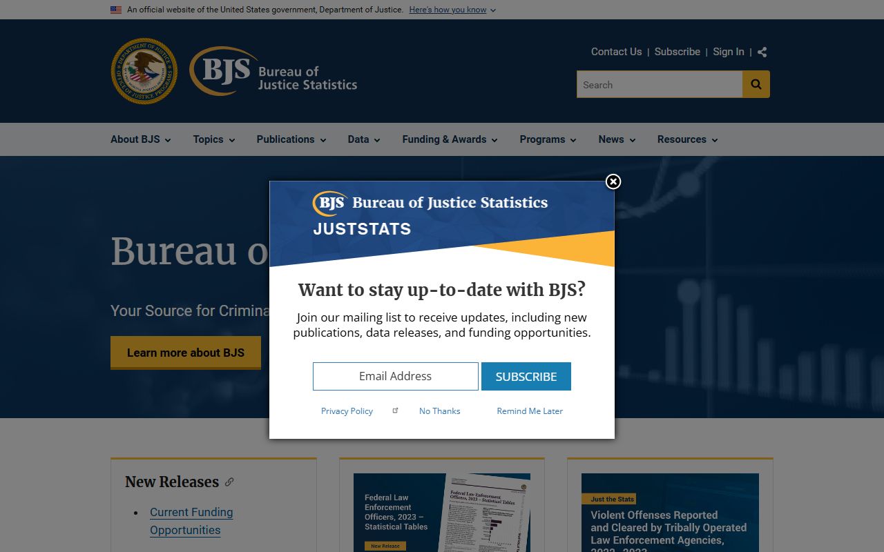Bureau of Justice Statistics home page used for national context to El Paso County jail population data