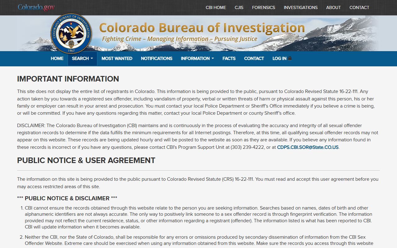 El Paso County criminal records Colorado Bureau of Investigation sex offender registry advanced search