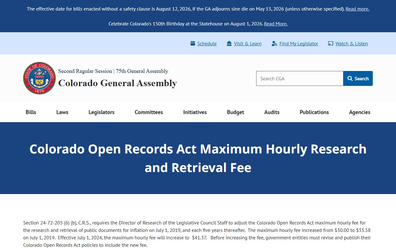 El Paso County public records CORA hourly fee notice from Colorado General Assembly
