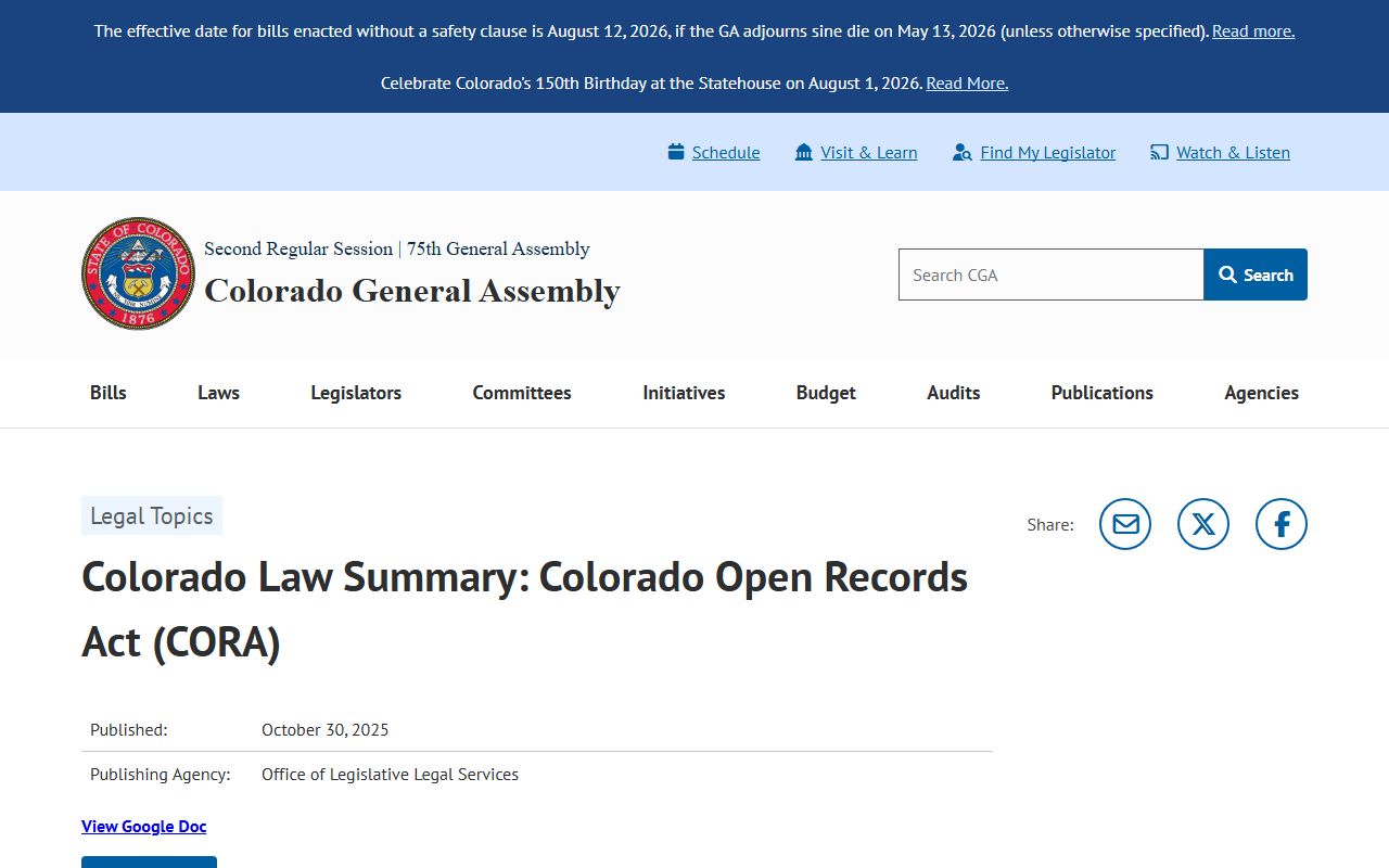 El Paso County public records Colorado General Assembly CORA law page