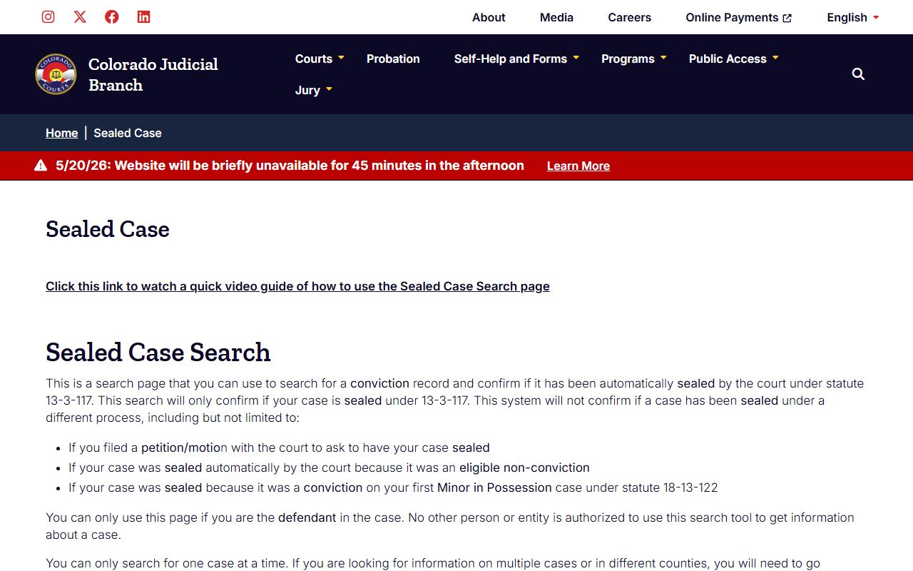 El Paso County criminal records sealed case search on the Colorado Judicial Branch site