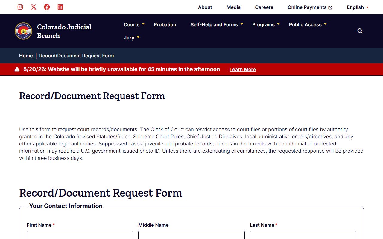 Colorado Judicial Branch online court records request form for El Paso County court records