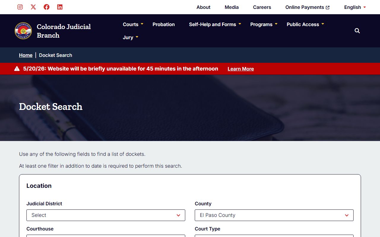El Paso County court records docket search form on the Colorado Judicial Branch site